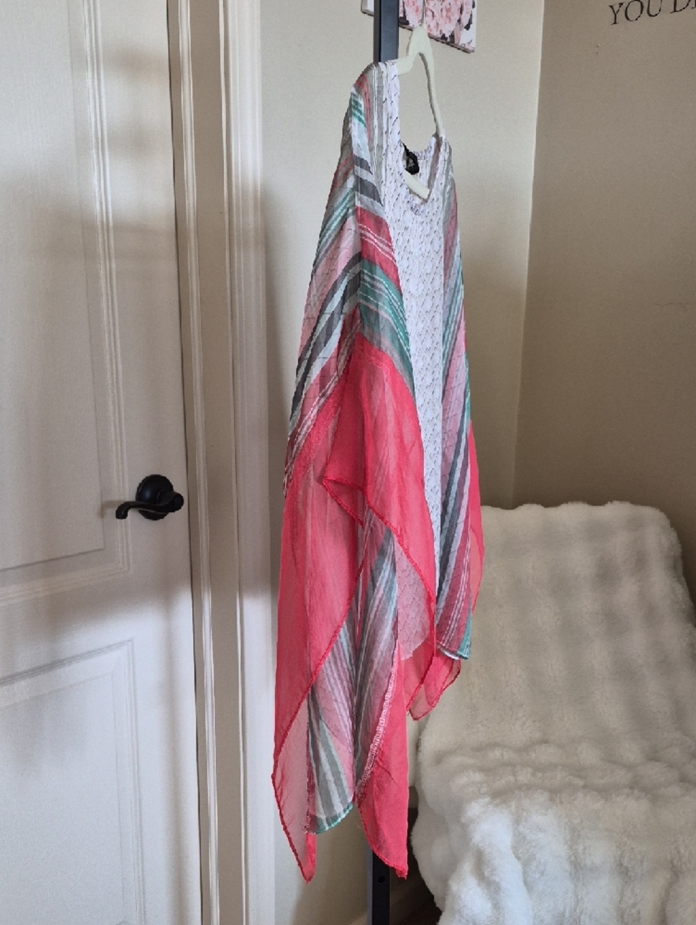 Women's Sheer Striped Draped Blouse in Cream and Coral Scarf Style M - Picture 7 of 10